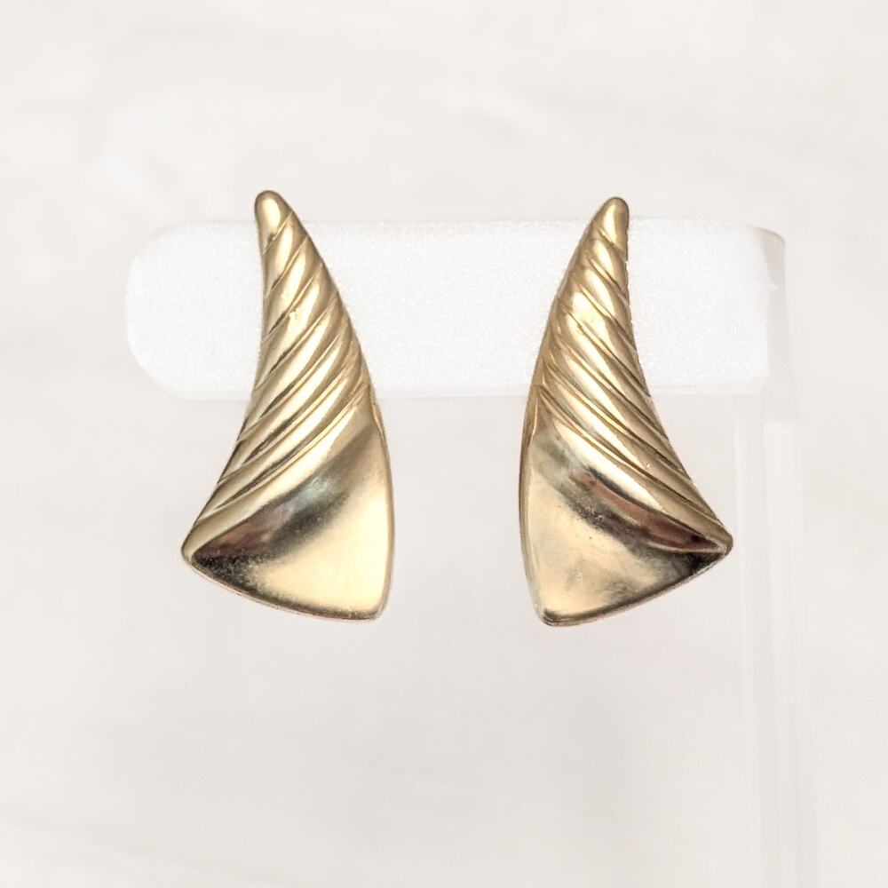 Vintage Clip On Earrings Large Curved Long Triangle Gold Tone Statement 1.5"